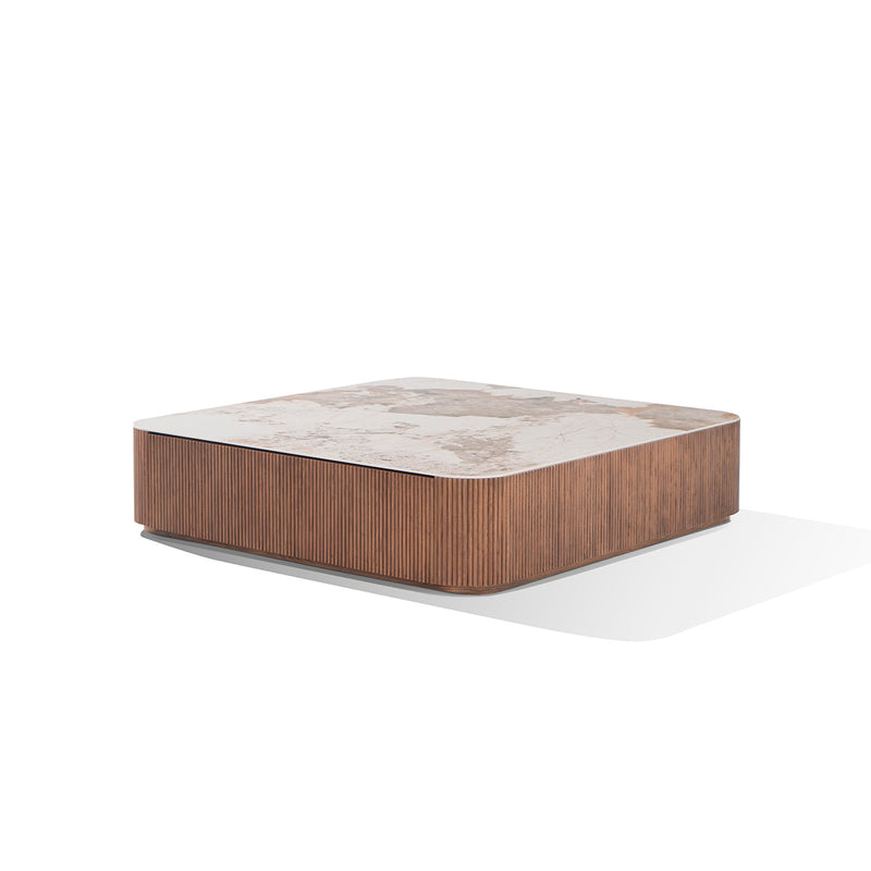 MESA DE CENTRO TOPE ESTILO MARMOL Y BASE ACABADO DE MADERA
