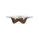 MESA DE CENTRO CON TOPE DE VIDRIO Y  BASE ACABADO DE MADERA