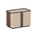 MESA DE NOCHE CON FRENTE DE PIEL KAKI  Y ACABADO DE MADERA