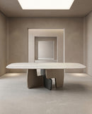 MESA DE COMEDOR TOPE DE MARMOL Y BASE EN  METAL GRIS