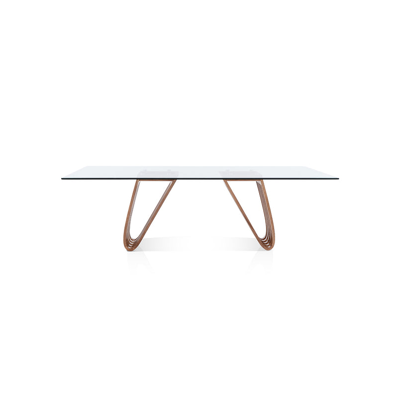MESA DE COMEDOR CON TOPE DE VIDRIO  Y BASE ACABADO DE MADERA