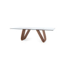 MESA DE COMEDOR CON TOPE DE VIDRIO  Y BASE ACABADO DE MADERA