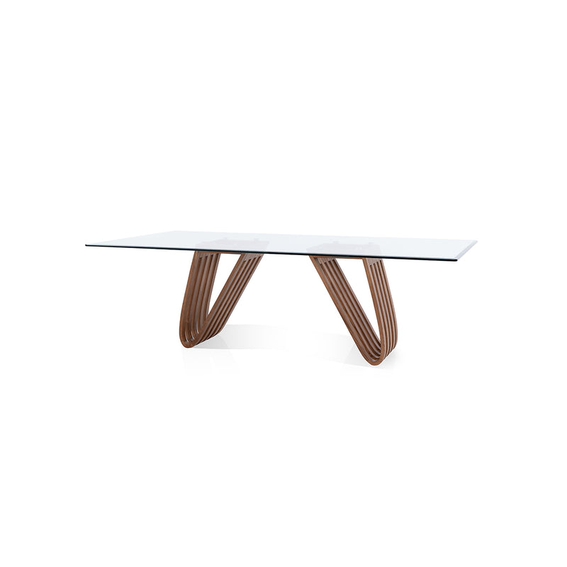 MESA DE COMEDOR CON TOPE DE VIDRIO  Y BASE ACABADO DE MADERA