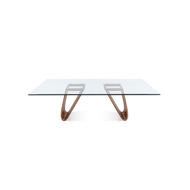 MESA DE COMEDOR CON TOPE DE VIDRIO  Y BASE ACABADO DE MADERA