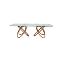MESA DE COMEDOR CON TOPE DE VIDRIO Y BASE ACABADO DE MADERA