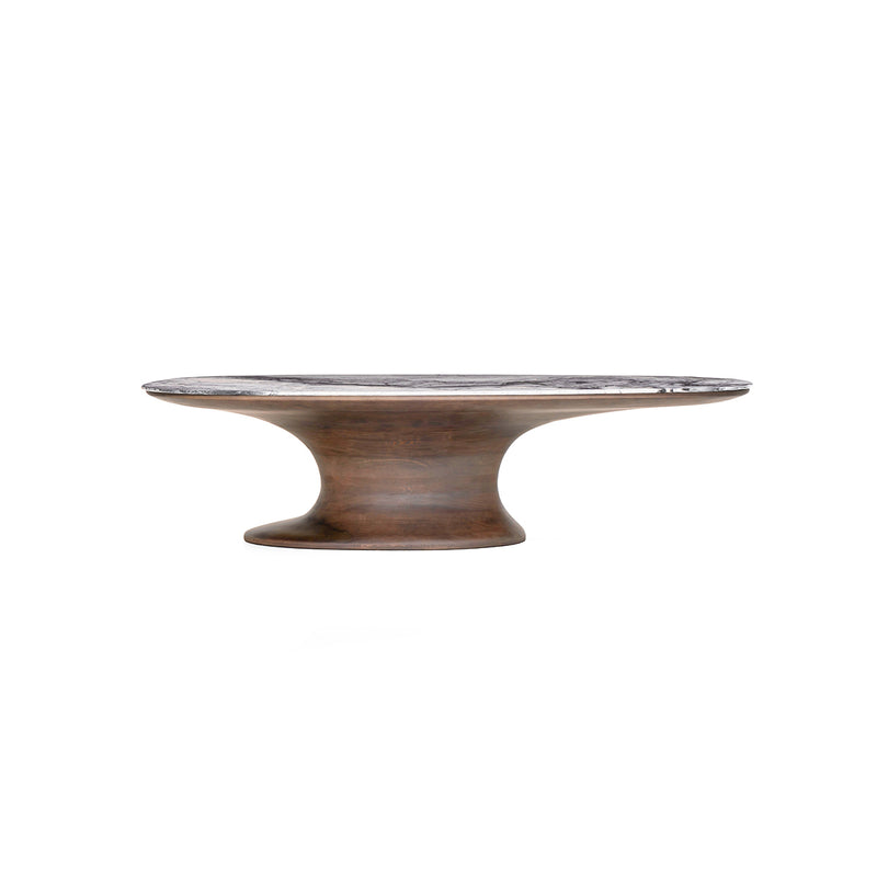 MESA DE COMEDOR CON TOPE DE MARMOL Y BASE ACABADO DE MADERA