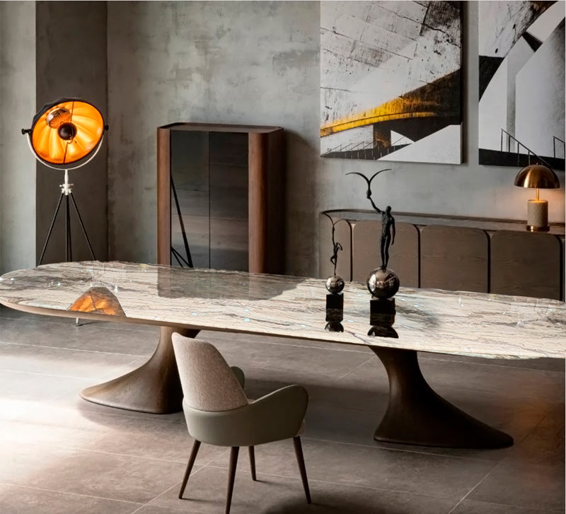 MESA DE COMEDOR TOPE ESTILO MARMOL Y BASE ACABADO DE MADERA