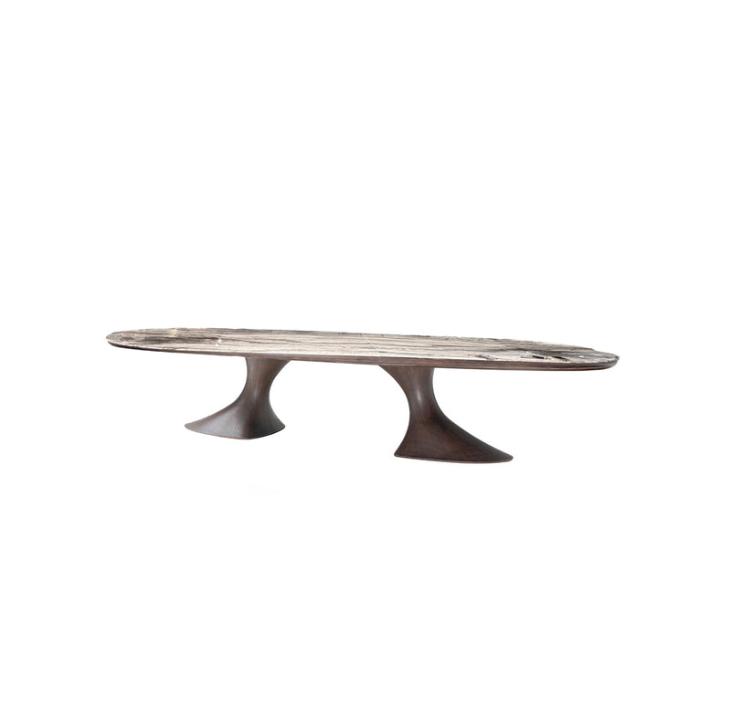 MESA DE COMEDOR TOPE ESTILO MARMOL Y BASE ACABADO DE MADERA