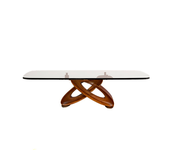 MESA DE COMEDOR TOPE DE VIDRIO TRANSPARENTE Y BASE ACABADO DE MADERA