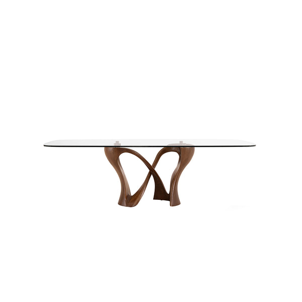 MESA DE COMEDOR TOPE DE VIDRIO TRANSPARENTE Y BASE ACABADO DE MADERA