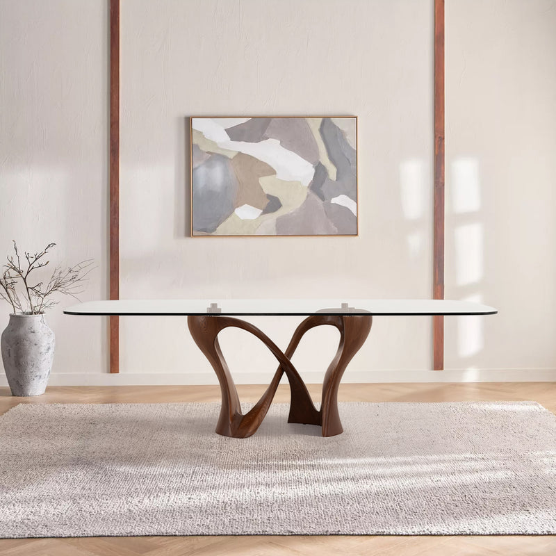 MESA DE COMEDOR TOPE DE VIDRIO TRANSPARENTE Y BASE ACABADO DE MADERA
