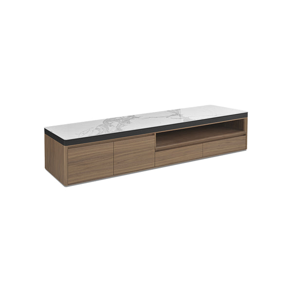 MESA DE TV CON TOPE DE CERAMICA Y BASE ACABADO DE MADERA