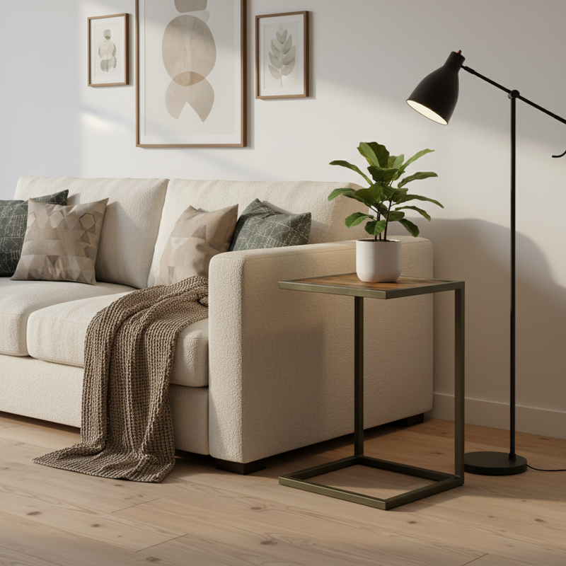 MESA LATERAL EN METAL CON TOPE DE ACABADO DE MADERA