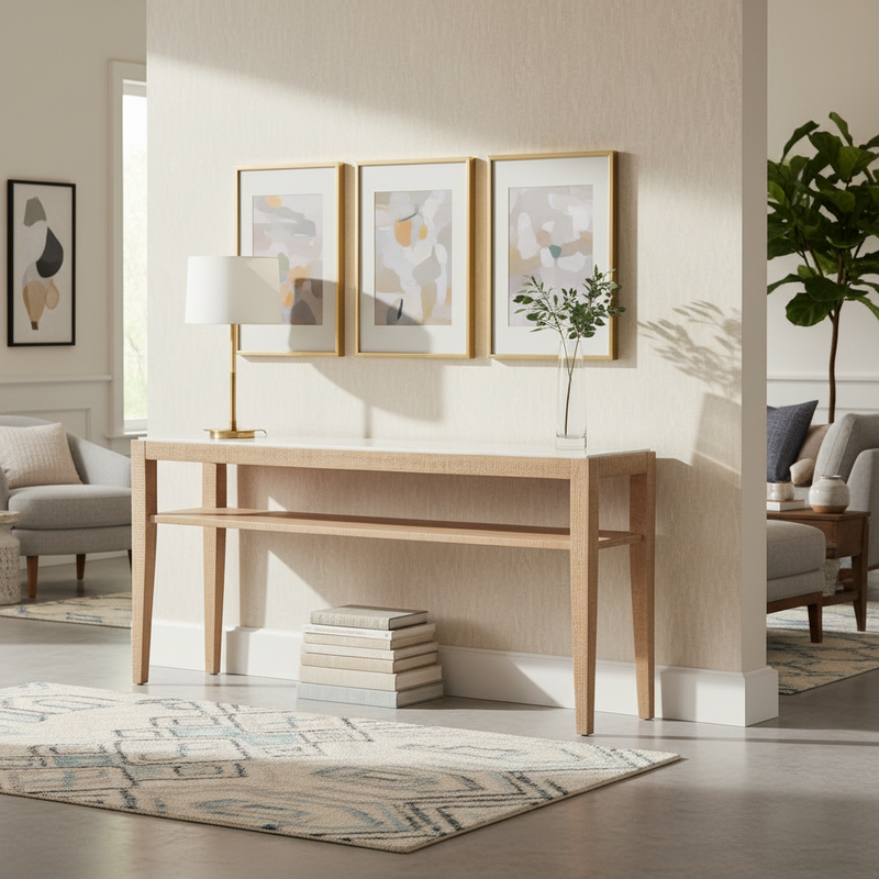 CONSOLA CON TOPE ESTILO MARMOL Y ACABADO EN MADERA