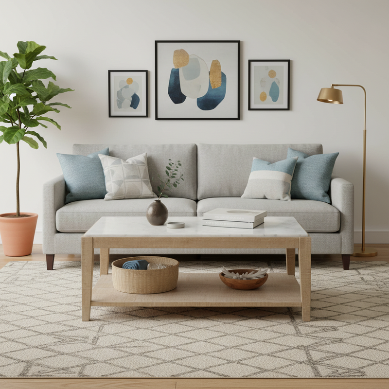 MESA DE CENTRO CON TOPE ESTILO MARMOL Y ACABADO EN MADERA