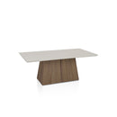 MESA DE COMEDOR CON TOPE BEIGE CLARO CON BASE ACABADO EN MADERA
