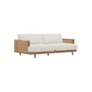 SOFA ESTACIONARIO DE TRES ASIENTOS EN TELA BLANCA ACABADO DE MADERA Y PAJILLA