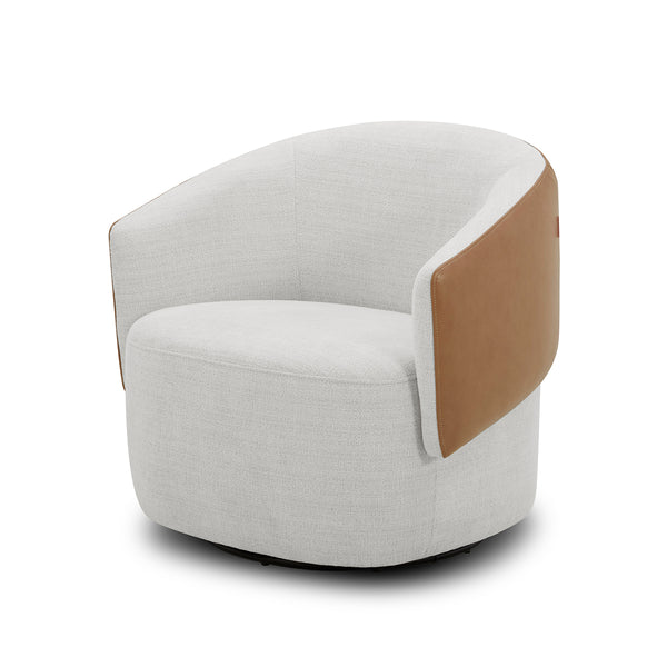 BUTACA GIRATORIA EN TELA BEIGE Y BRAZOS EN FRENTE DE PIEL MARRON