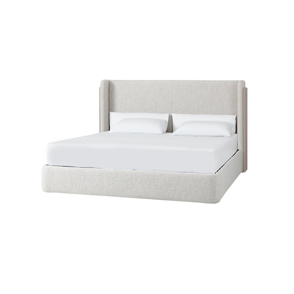 CAMA KING EN TELA BEIGE Y ACABADO MADERA CREMA