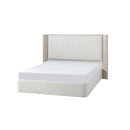 CAMA KING EN TELA BEIGE Y ACABADO DE MADERA CREMA