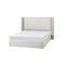 CAMA KING EN TELA BEIGE Y ACABADO DE MADERA CREMA