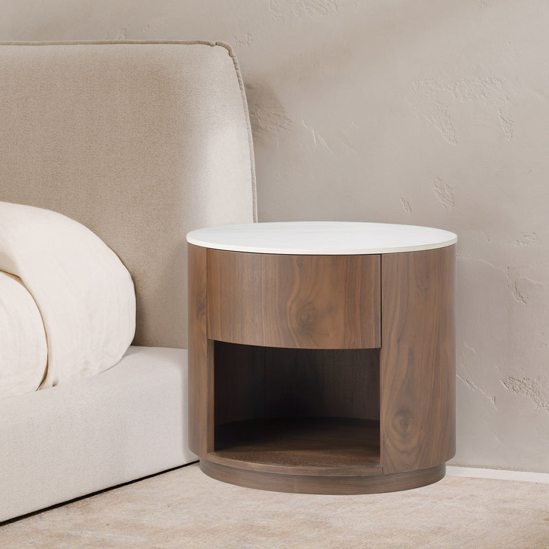 MESA DE NOCHE ACABADO DE MADERA Y TOPE DE CERAMICA