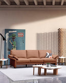 SOFA ESTACIONARIO DE CUATRO  ASIENTOS CON FRENTE DE PIEL MARRON