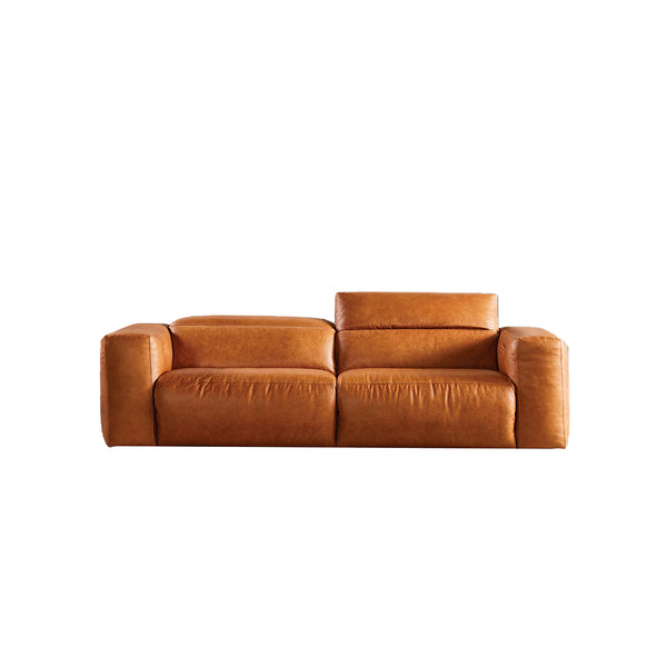 SOFA RECLINABLEO  DE TRES ASIENTOS CON FRENTE DE PIEL CAMEL