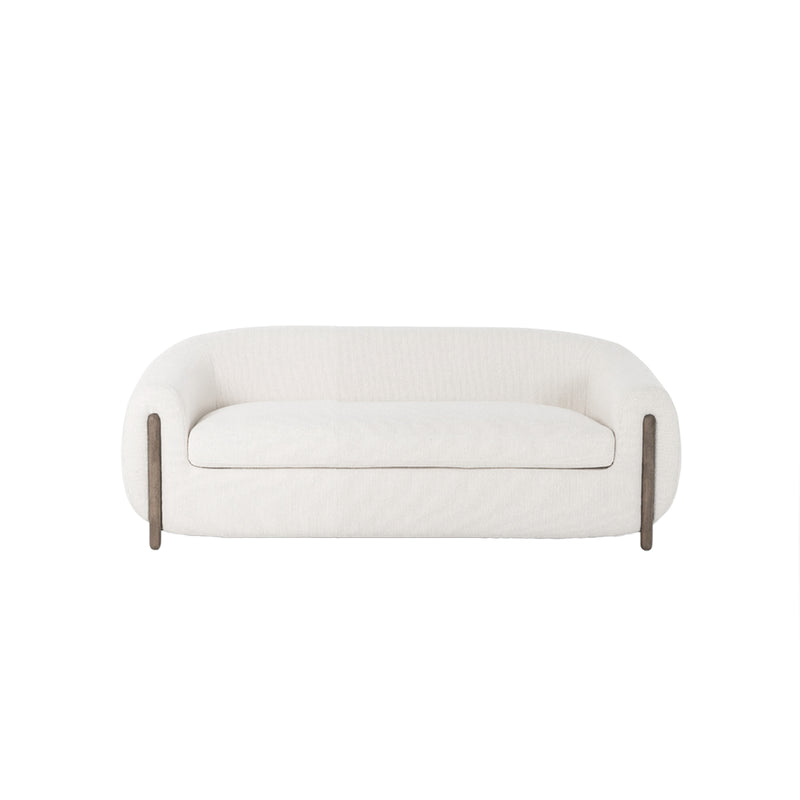 SOFA ESTACIONARIO DE DOS ASIENTOS EN TELA BLANCA Y BASE EN ACABADO DE MADERA