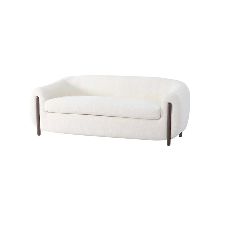 SOFA ESTACIONARIO DE DOS ASIENTOS EN TELA BLANCA Y BASE EN ACABADO DE MADERA