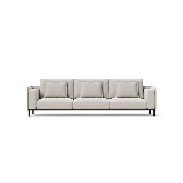 SOFA ESTACIONARIO DE 3 ASIENTOS EN TELA BEIGE Y PATAS MARRONES