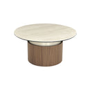 MESA DE CENTRO TOPE DE CERAMICA Y BASE ACABADO DE MADERA