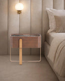 MESA DE NOCHE TOPE DE CERAMICA Y BASE ACABADO DE MADERA