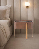 MESA DE NOCHE TOPE DE CERAMICA Y BASE ACABADO DE MADERA