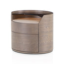 MESA DE NOCHE ACABADO DE MADERA GRIS Y TOPE ESTILO MARMOL Y VIDRIO