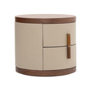 MESA DE NOCHE TOPE ACABADO DE MADERA Y BASE BEIGE