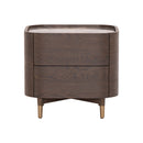 MESA DE NOCHE TOPE DE VIDRIO BLANCO Y ACABADO DE MADERA