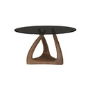 MESA DE COMEDOR CON TOPE DE VIDRIO NEGRO Y BASE ACABADO DE MADERA