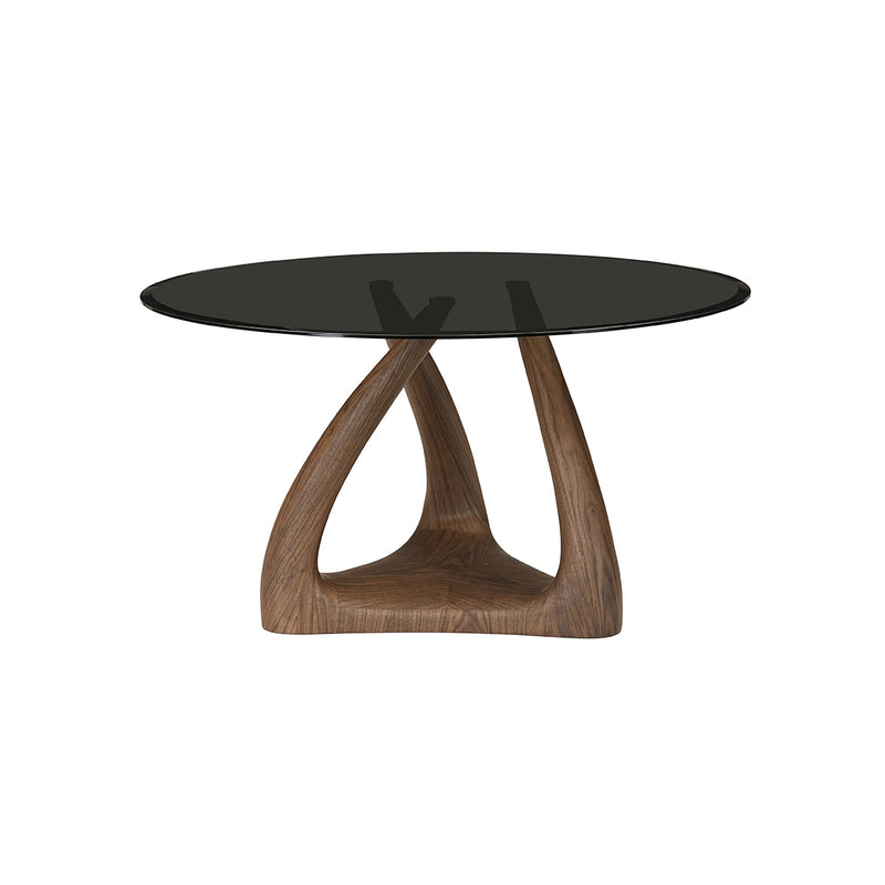 MESA DE COMEDOR CON TOPE DE VIDRIO NEGRO Y BASE ACABADO DE MADERA