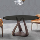 MESA DE COMEDOR CON TOPE DE VIDRIO NEGRO Y BASE ACABADO DE MADERA