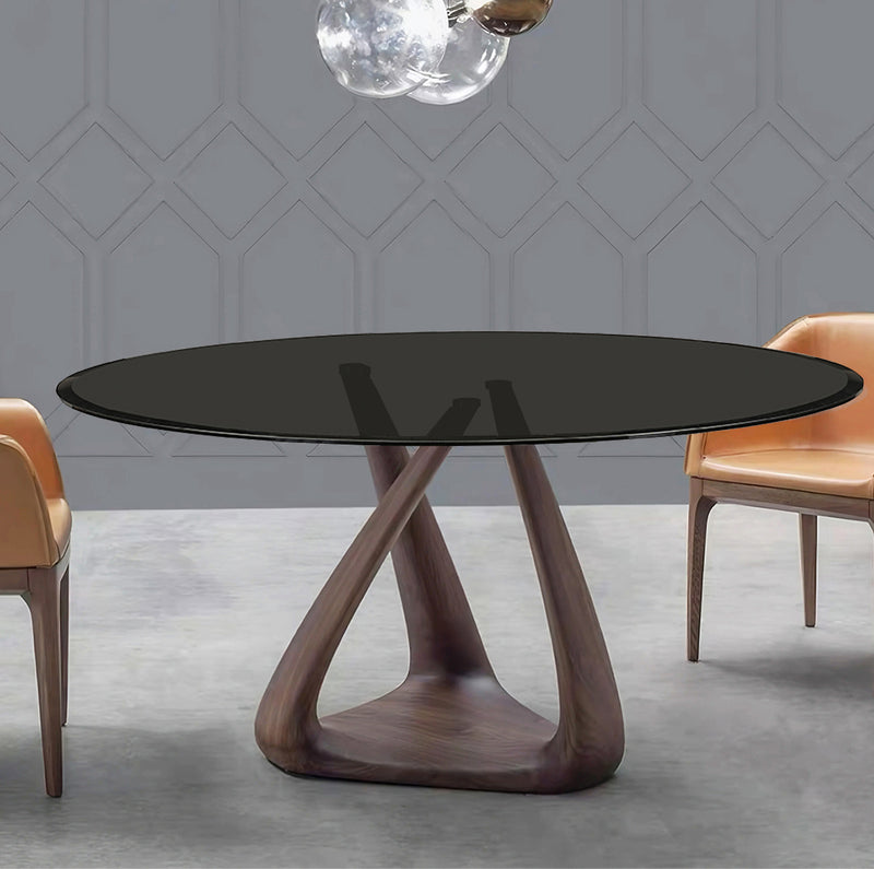 MESA DE COMEDOR CON TOPE DE VIDRIO NEGRO Y BASE ACABADO DE MADERA