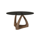 MESA DE COMEDOR CON TOPE DE VIDRIO NEGRO Y BASE ACABADO DE MADERA