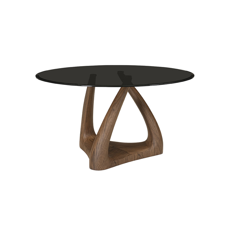 MESA DE COMEDOR CON TOPE DE VIDRIO NEGRO Y BASE ACABADO DE MADERA