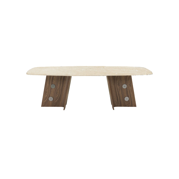 MESA DE COMEDOR CON TOPE DE MARMOL Y BASE CABADO DE MADERA