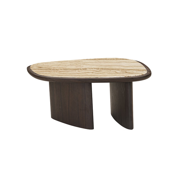 MESA DE CENTRO TOPE DE MARMOL Y BASE ACABADO DE MADERA