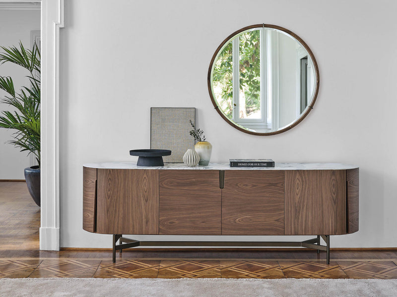 CREDENZA CON TOPE DE CERAMICA Y BASE ACABADO DE MADERA Y PATAS DORADAS