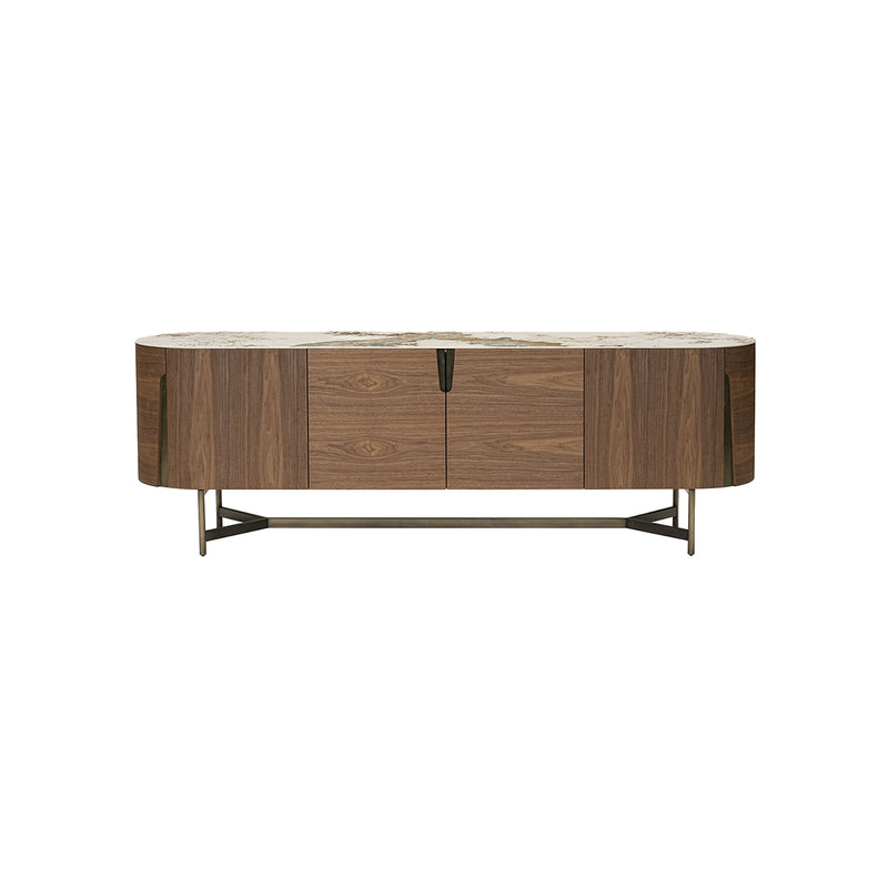 CREDENZA CON TOPE DE CERAMICA Y BASE ACABADO DE MADERA Y PATAS DORADAS