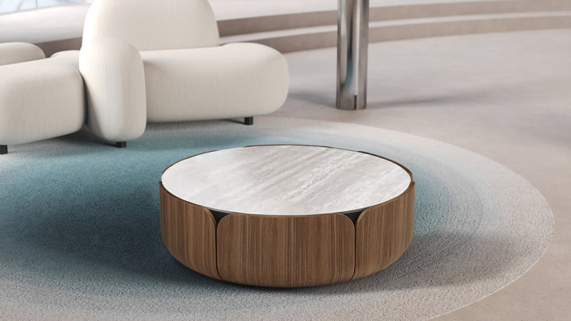 MESA DE CENTRO CON TOPE DE MARMOL Y BASE ACABADO DE MADERA