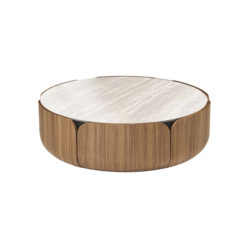 MESA DE CENTRO CON TOPE DE MARMOL Y BASE ACABADO DE MADERA