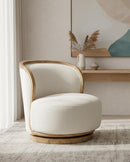 BUTACA GIRATORIA EN TELA BLANCA Y ACABADO DE MADERA NATURAL